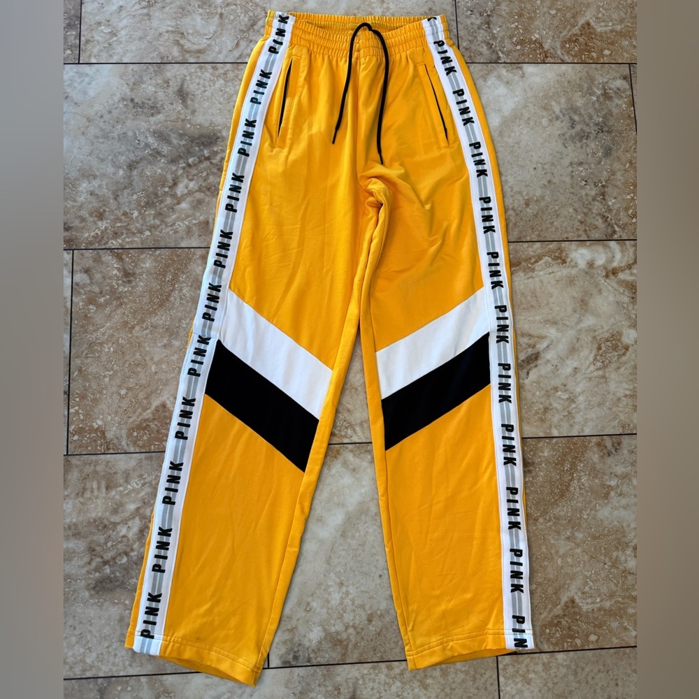 PINK Victoria's Secret Yellow Track Joggers with Black & White Accents